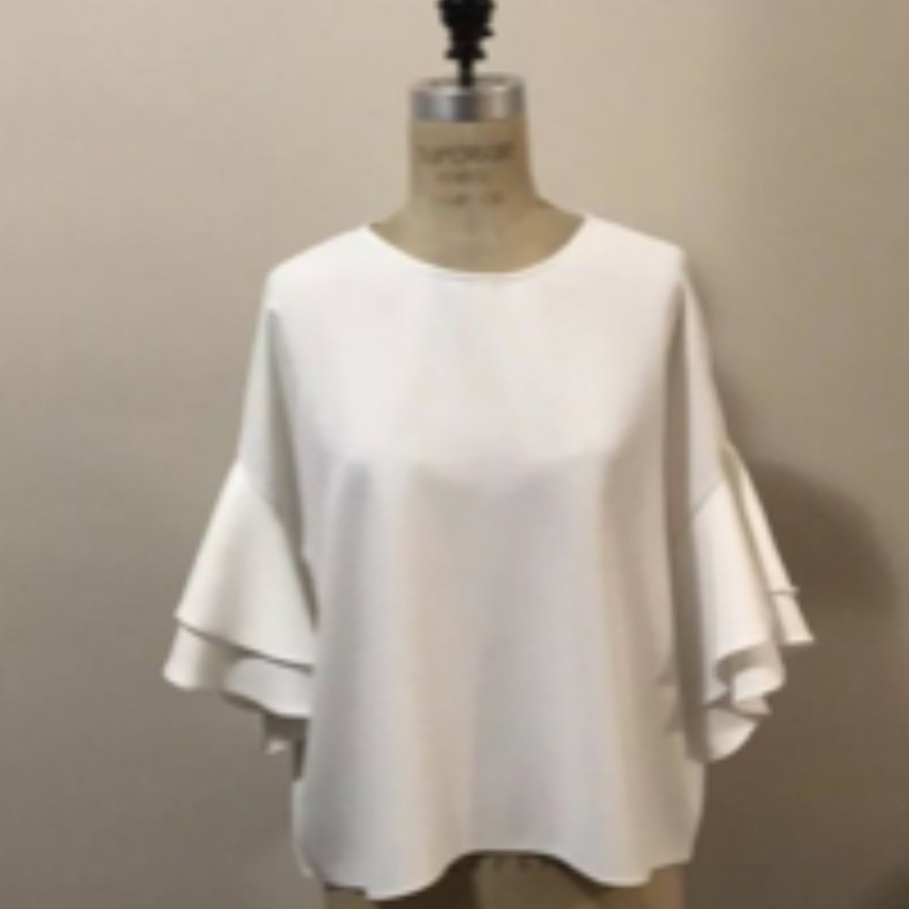 Zara, White Crepe Bell Sleeve Top (Size S)
